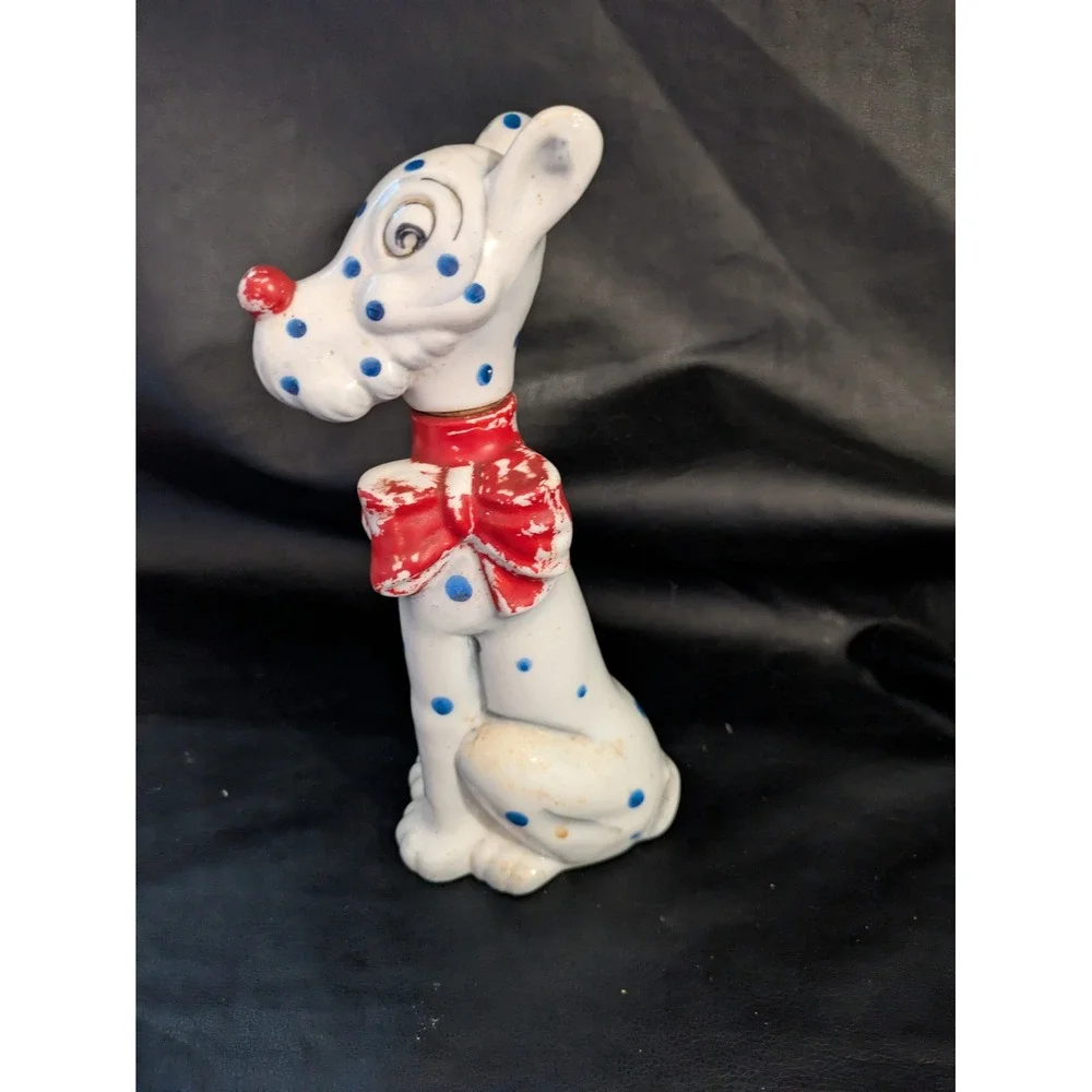 Blue Spotted Dog Scotch Ceramic Decanter Figurine‎ Red Bow Stopper 8.5 In